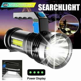 LED Flashlight USB Rechargeable Torch COB Spotlight Camping Light High Lumens Emergency Lamp 3 Modes Waterproof (Color: BLACK)