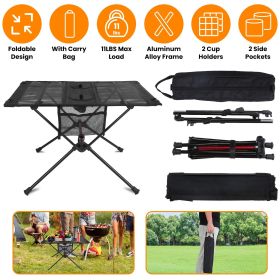 1Pc Portable Folding Camping Table Foldable Beach Table Aluminum Alloy Frame With 2 Cup Holders 2 Side Pockets Carry Bag For Picnic Camping Hikin (Color: BLACK)