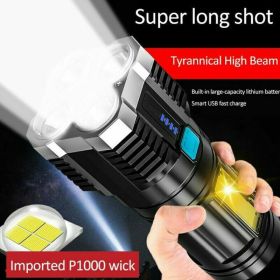 POWERFUL Tactical Quad-Core Super Bright Torch LED Flashlight USB Rechargeable Camping (Color: BLACK)