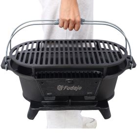 Outdoor Oval Cast Iron Grill, Portable Charcoal Grill, And Desktop Cast Iron Frying Pan (Color: BLACK)