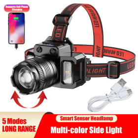 LED Tactical Headlamp Head Torch USB Rechargeable Motion Sensor Headlight Zoomable 5 Modes Emergency Power Bank For Mobile Phone (Color: BLACK)